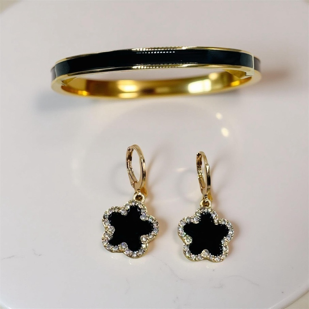 The Black Classic Bangle paired with Cute Earrings